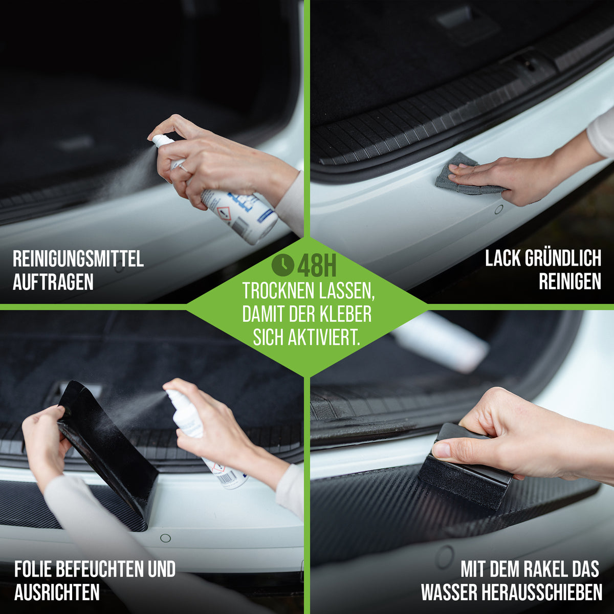 Ladekantenschutz Audi A6 Sportback E-tron GH ab 2024 Carbon – Montage in 4 Schritten: reinigen, einsprühen, ausrichten, rakeln