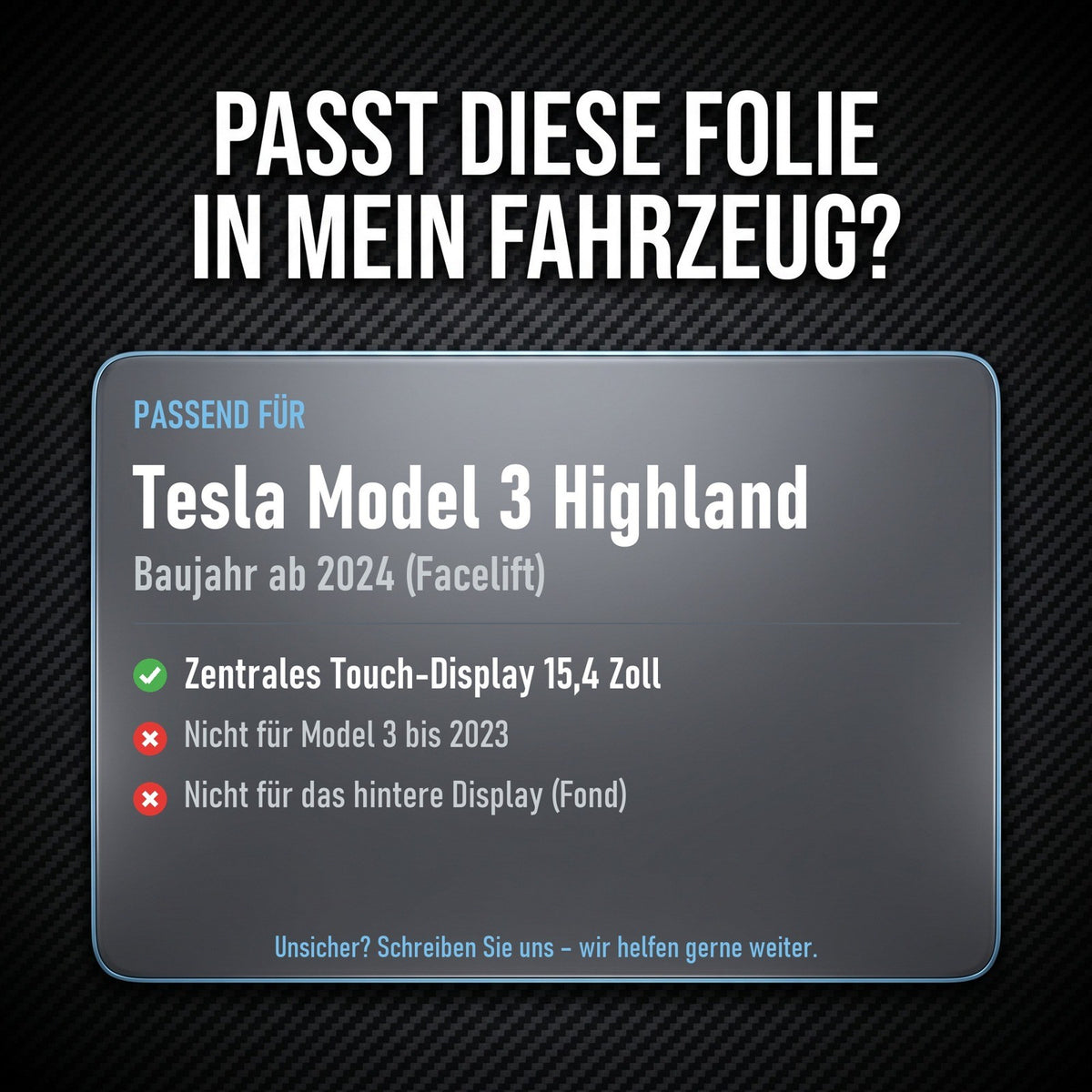 Displayschutzfolie Matt für Tesla Model 3 Highland ab 2024 15,4 Zoll Entspiegelt