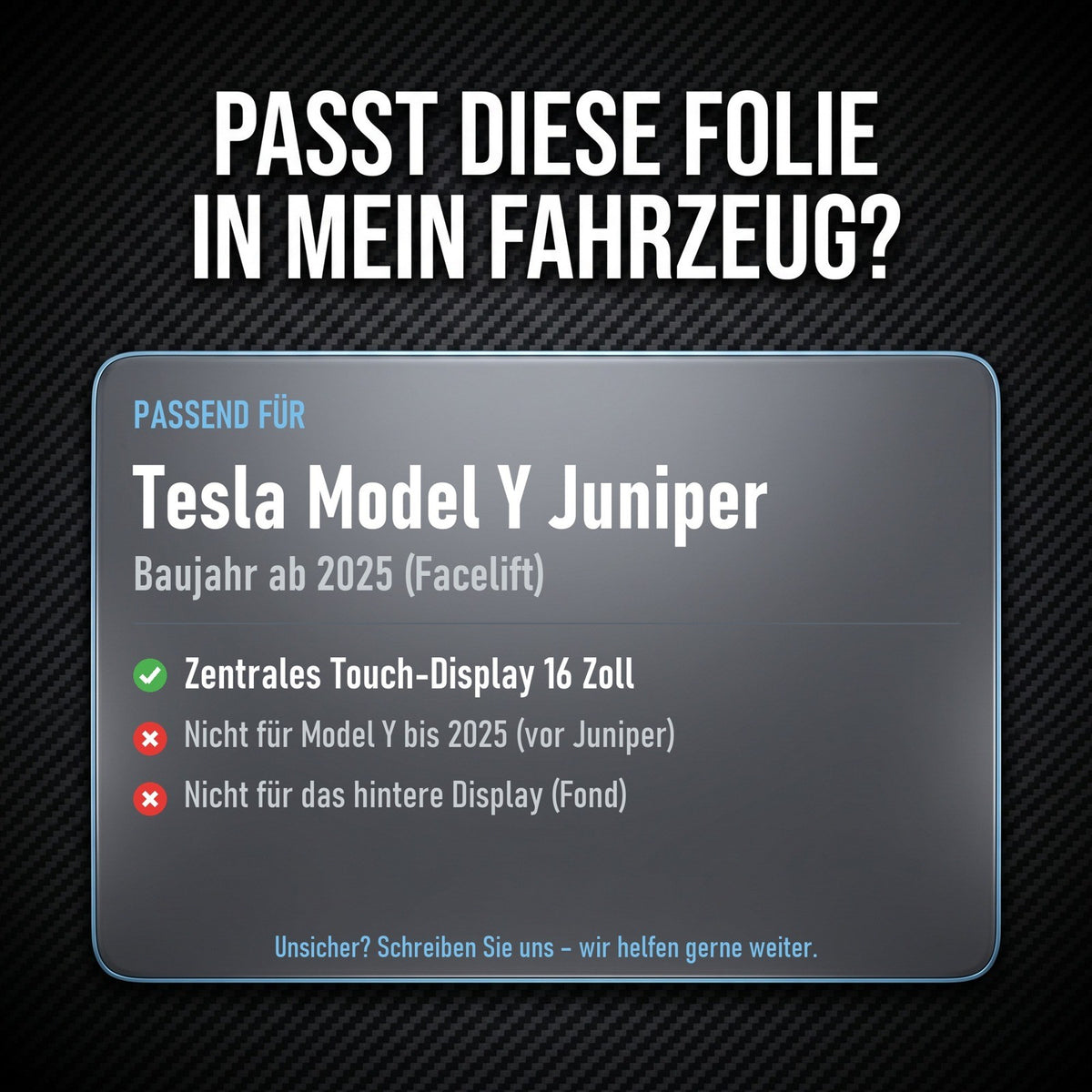 Displayschutzfolie Matt für Tesla Model Y Juniper ab 2025 16 Zoll Entspiegelt